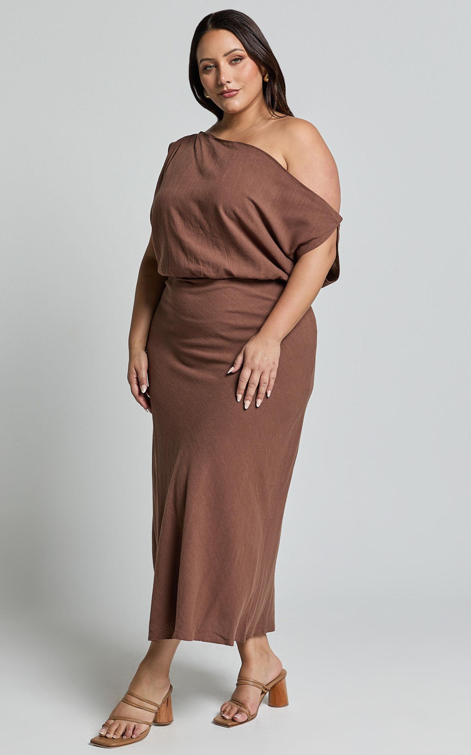Jacqueline Midi Dress - Linen One Shoulder Dress in Chocolate Product Image