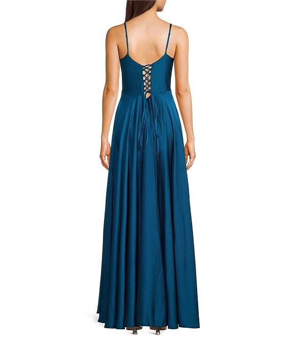 B. Darlin V-Neck Spaghetti Strap Front Keyhole Lace Up Back A-Line Dress Product Image