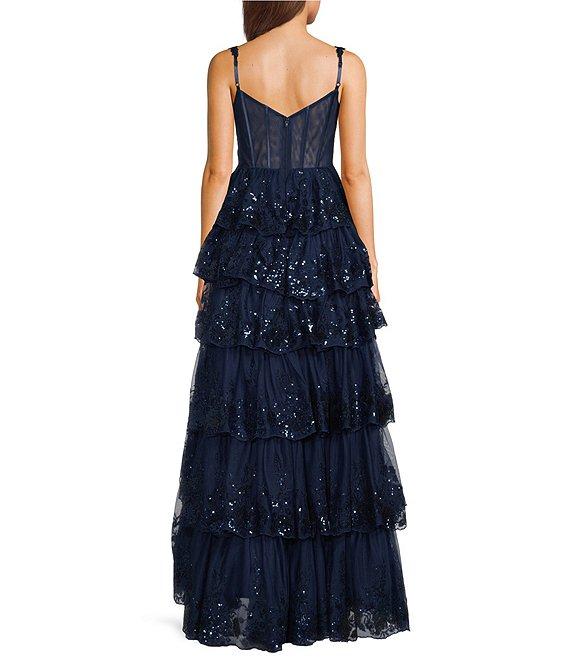 Blondie Nites Sequin Lace Sweetheart Neckline Ruffle Tiered Ball Gown Product Image