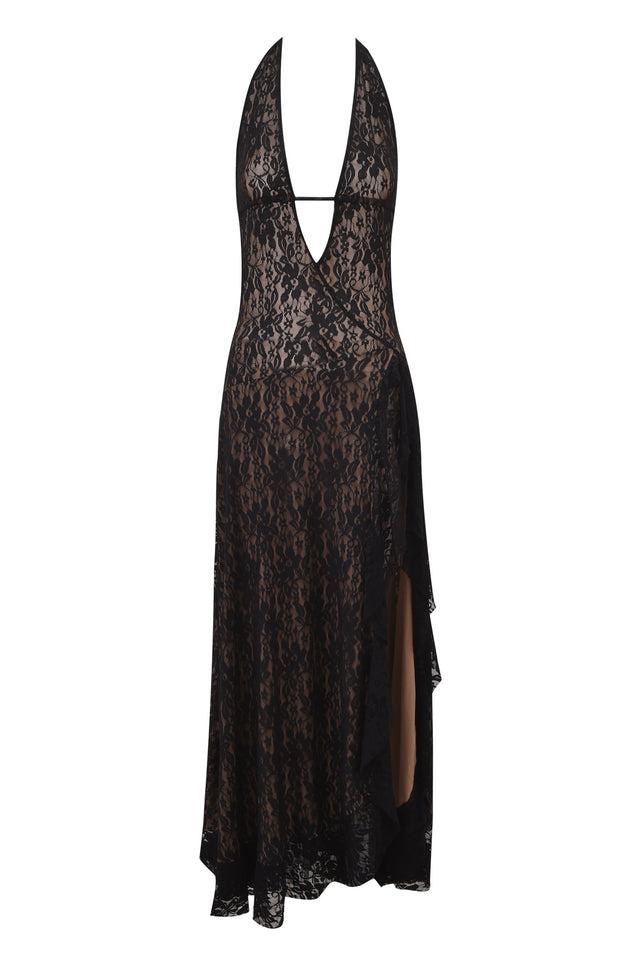IRISIA LACE HALTER MAXI DRESS - BLACK Product Image