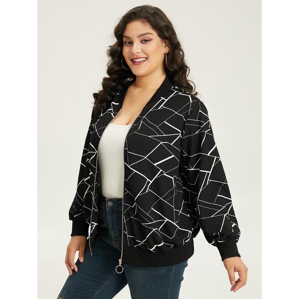 Plus Size Halloween Geometric Graphic Pocket Zipper Elastic Cuffs Jacket Women Black Elastic cuffs Pocket Dailywear Jackets BloomChic 14-16/1X Product Image