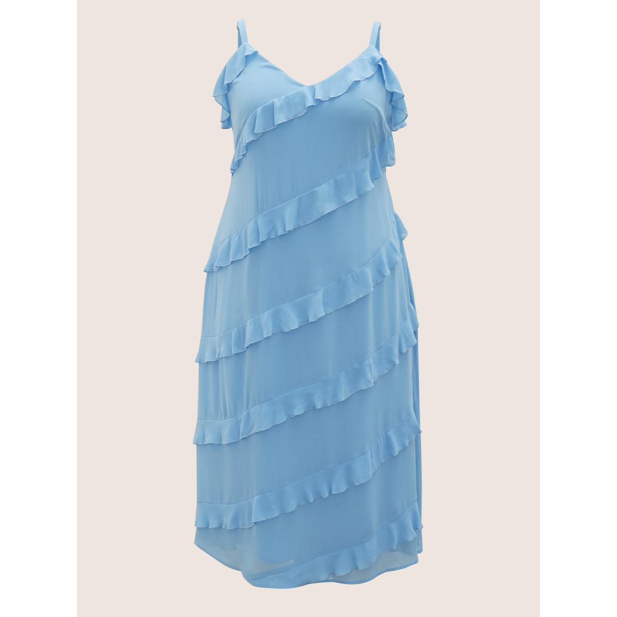 Plus Size V Neck Ruffle Trim Elastic Waist Cami Dress LightBlue Women Formal Ruffles Non Sleeveless Curvy BloomChic 10/M Product Image