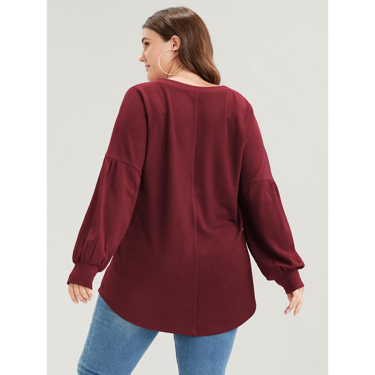 Plus Size Solid Drop Shoulder Pocket Arc Hem Rib Knit Sweatshirt Women Burgundy Elegant Plain V-neck Dailywear Sweatshirts BloomChic 26/4X Product Image