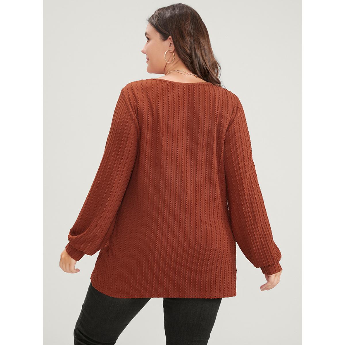 Plus Size Solid Rib Knit Long Tee Rust Women Elegant Plain Plain V-neck Dailywear T-shirts BloomChic 14-16/1X Product Image
