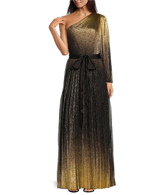 Alex Marie Gabrielle Metallic Ombre Plisse Asymmetrical Neck One Shoulder Sleeveless Tie Waist A-Line Swing Gown Product Image