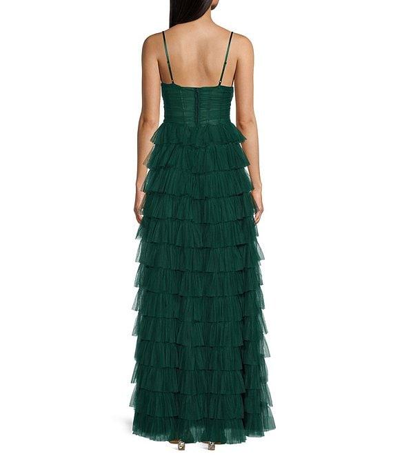 B. Darlin Spaghetti Strap V-Neck Ruffle Long Mesh Dress Product Image