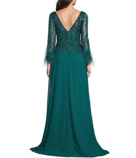 Terani Couture Cascade Beaded Boat Neck Feather Cuff Sleeve Belted A-Line Gown Product Image