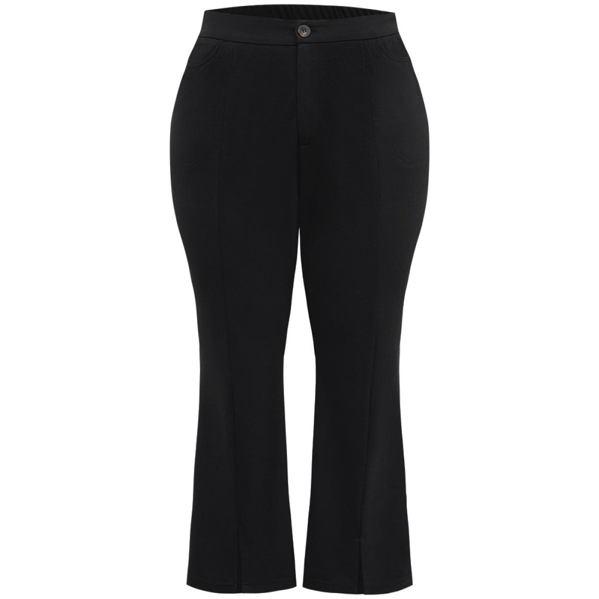 Plus Size Plain Flare Leg Pocket Split Hem Pants Women Black Office Flare Leg High Rise Office Pants BloomChic 26/4X Product Image