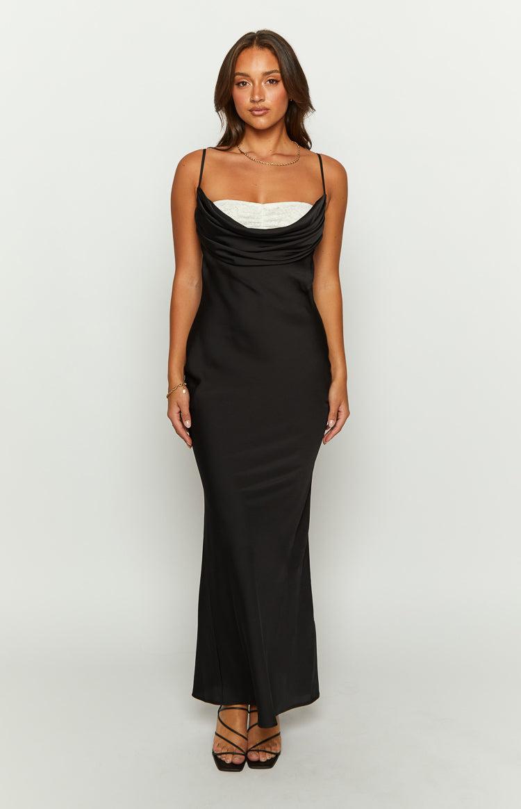 Evelyn Lace Detail Black Satin Maxi Dress Product Image