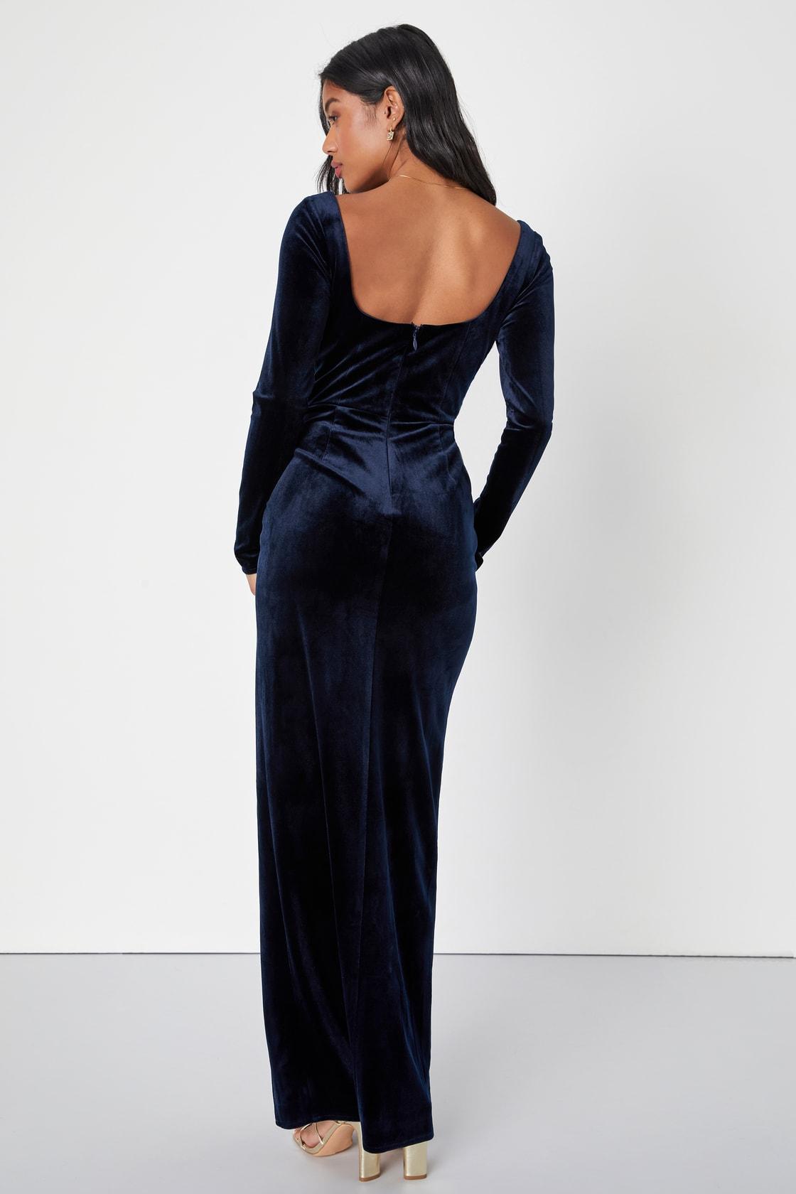 Forever Sensational Navy Blue Velvet Long Sleeve Maxi Dress Product Image