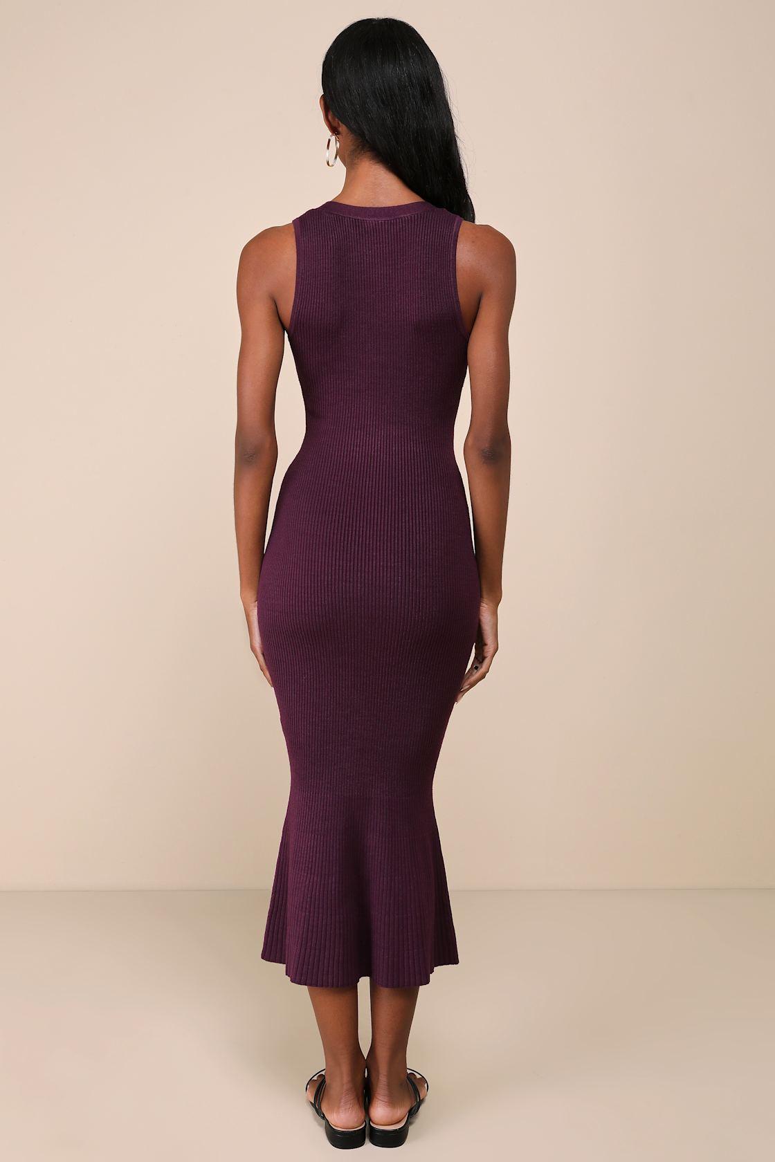 Posh Intent Purple Ribbed Button-Front Sweater Dress Product Image