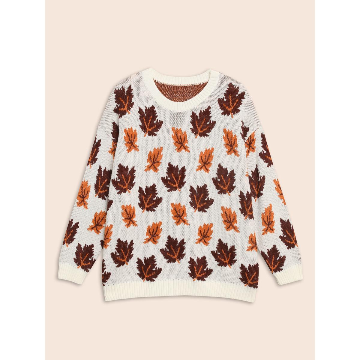 Plus Size Leaves Jacquard Drop Shoulder Sleeve Pullover Ivory Women Casual Long Sleeve Round Neck Everyday Pullovers BloomChic 10/M Product Image