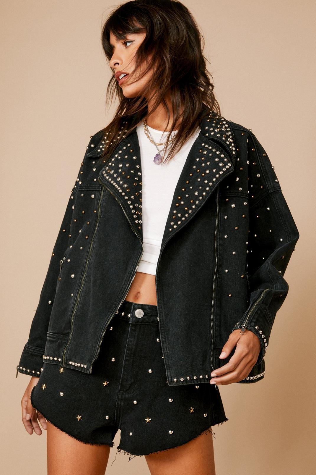 Premium Embellished Studded Denim Moto Jacket Product Image