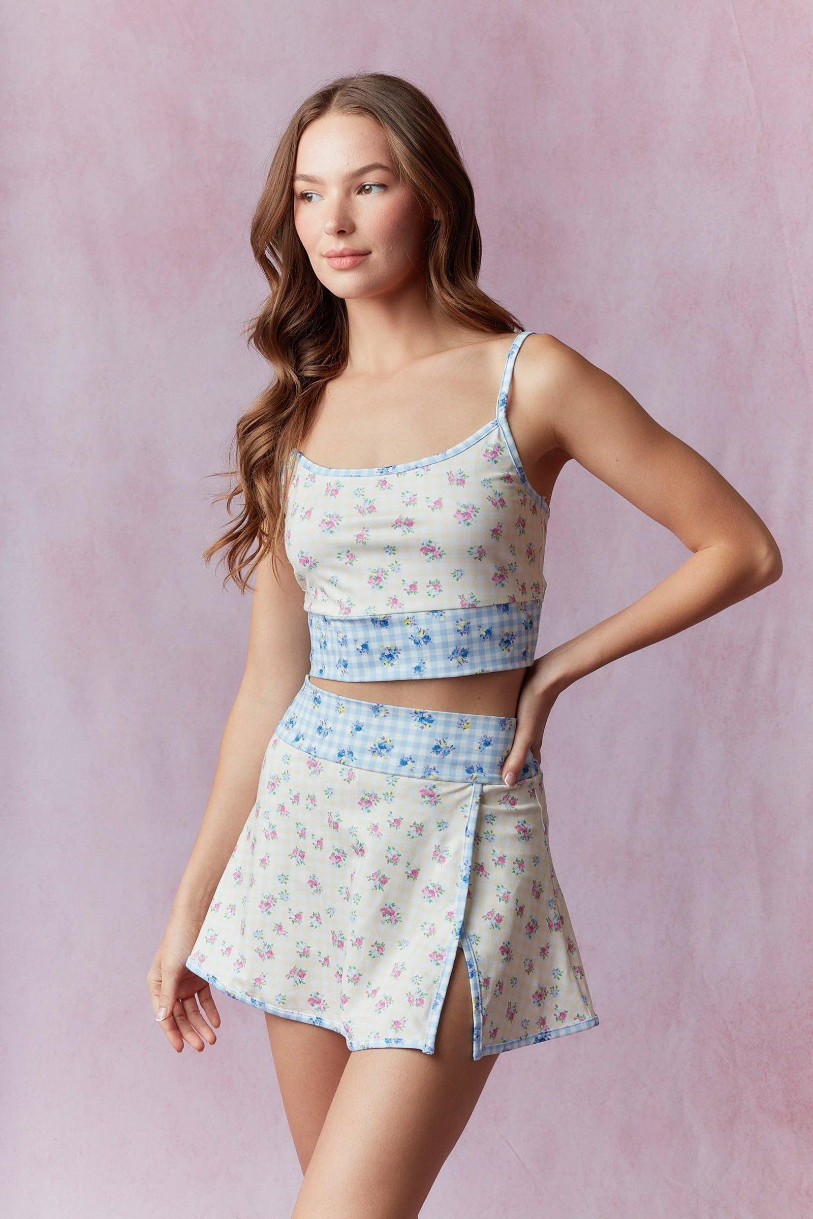 Gingham Floral Print Patchwork Sporty Mini Skort Product Image