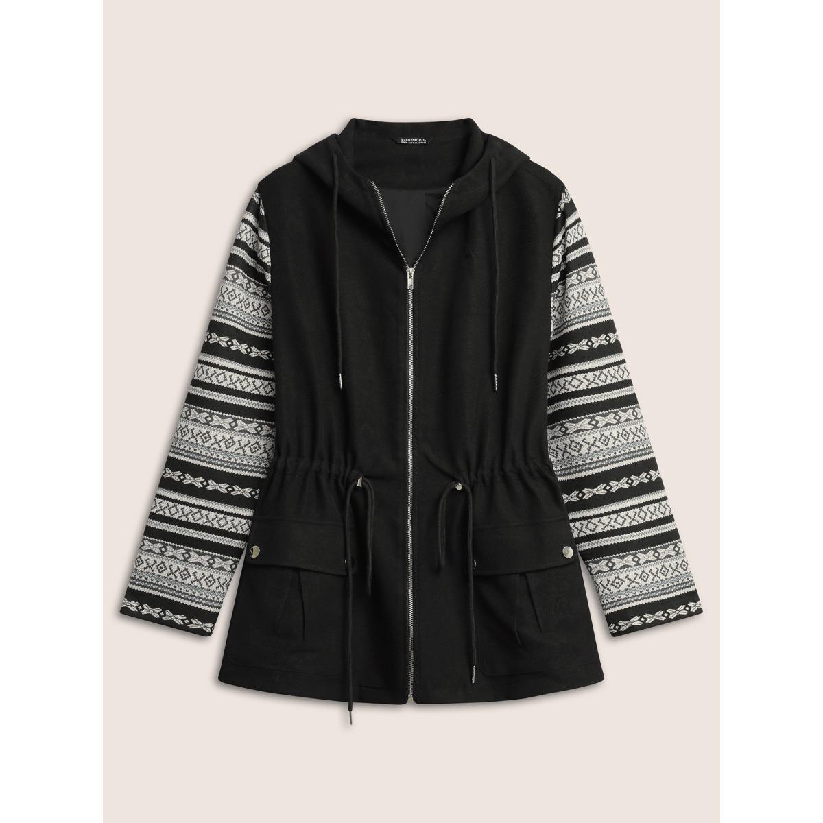 Plus Size Geometric Drawstring Patchwork Hooded Jacket Women Black Non Open pocket with flap Everyday Jackets BloomChic 18-20/2X Product Image
