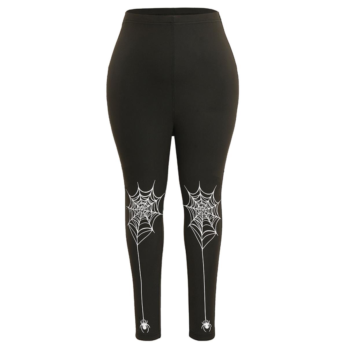 Plus Size Halloween Spider Web Print Skinny Leggings Women Black Casual High stretch Skinny High Rise Festival-Halloween Leggings BloomChic 12/L Product Image