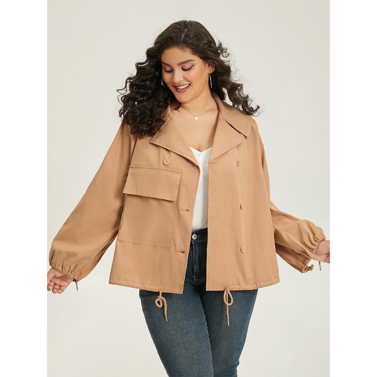 Plus Size Lapel Collar Drawstring Pocket Button Detail Coat Women LightBrown Elastic cuffs Pocket Dailywear Jackets BloomChic 26/4X Product Image