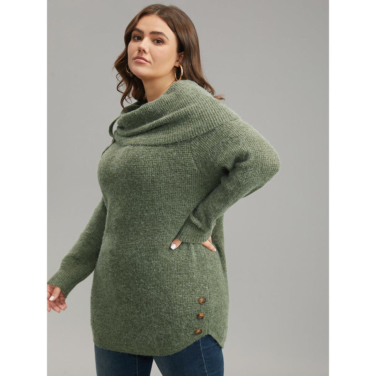 Plus Size Anti-Pilling Lapel Collar Adjustable Button Pullover Moss Women Casual Loose Long Sleeve Lapel Collar Dailywear Pullovers BloomChic 30/6X Product Image