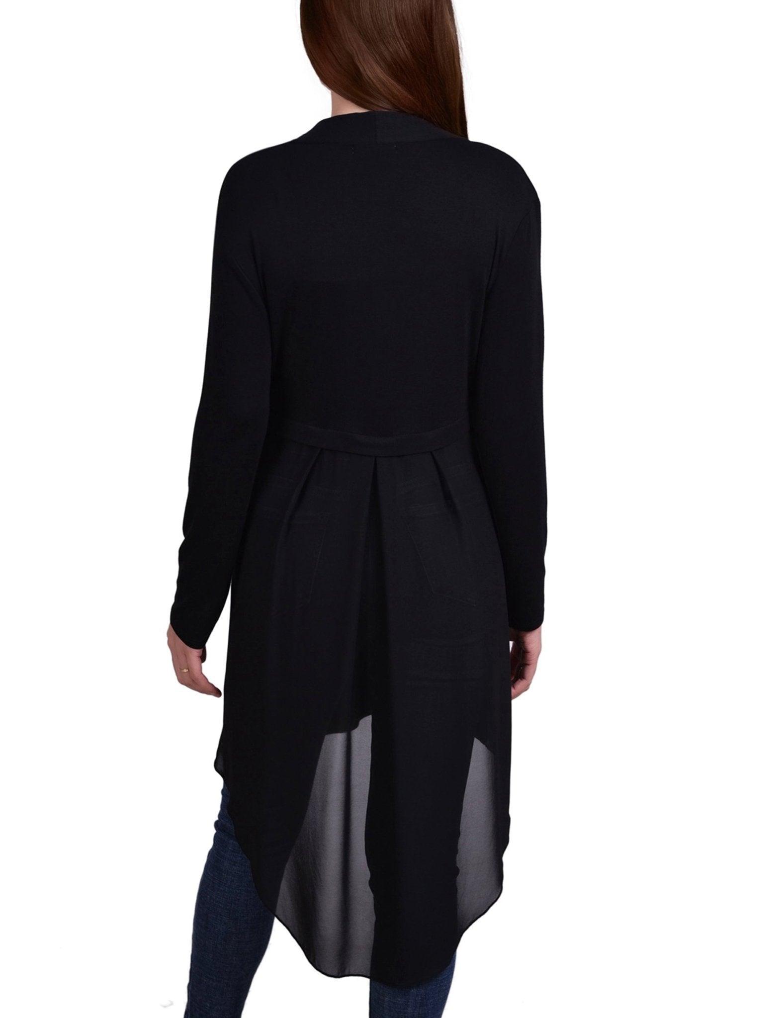 Black Long Sleeve Knit Cardigan With Chiffon Back Product Image