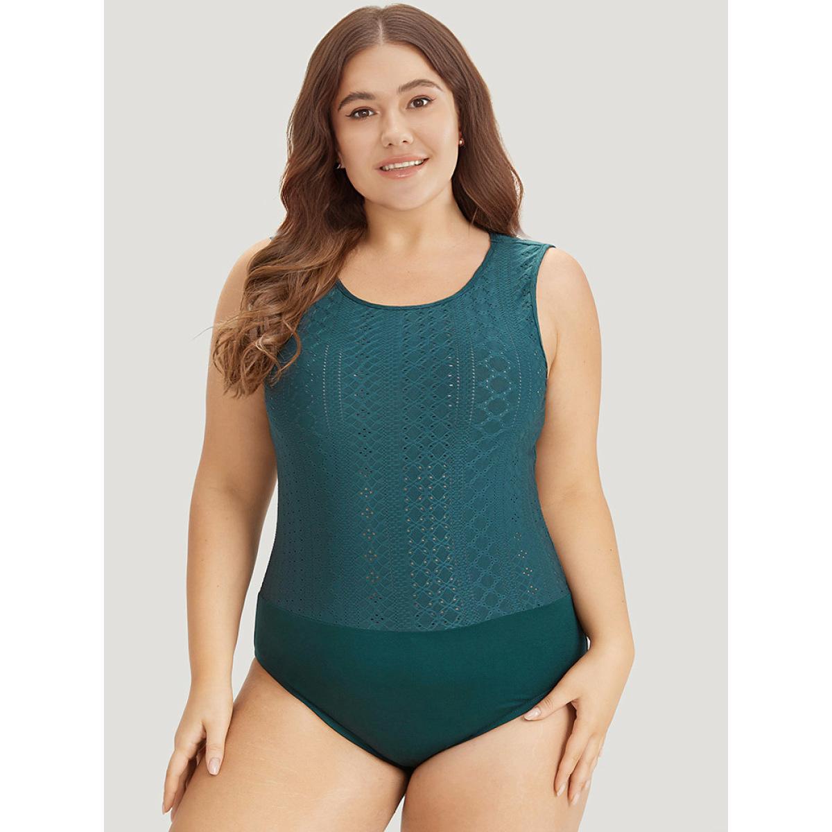 Plus Size Plain Patchwork Broderie Anglaise Tank Bodysuit Women Cyan Plain Broderie anglaise Bodysuits BloomChic 12/L Product Image