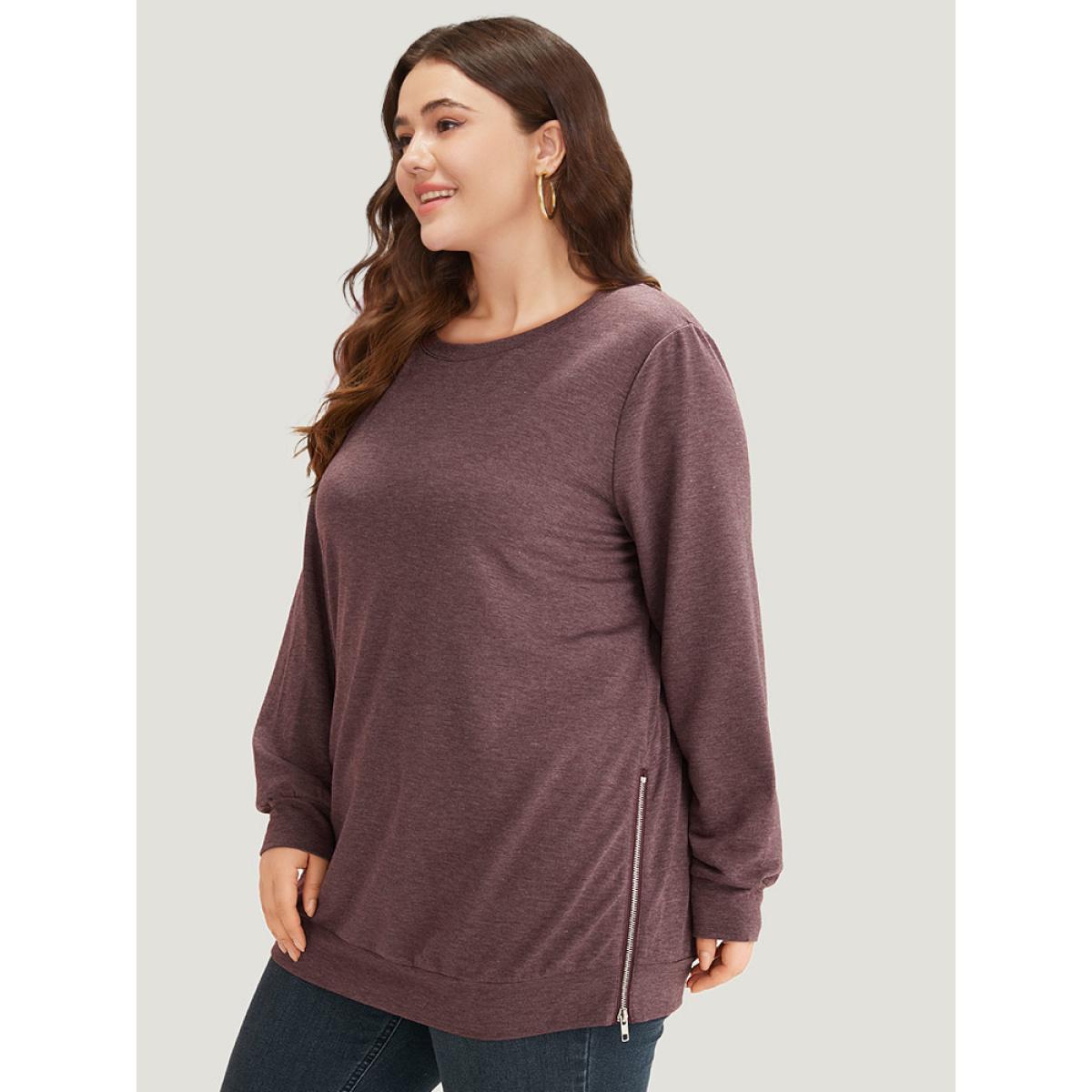 Plus Size Plain Zipper Round Neck Elastic Cuffs Sweatshirt Women Mauve Casual Elastic cuffs Round Neck Dailywear Sweatshirts BloomChic 18-20/2X Product Image