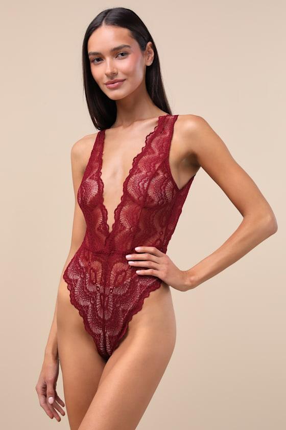 Mia Bella Burgundy Sheer Lace Sleeveless Bodysuit Product Image