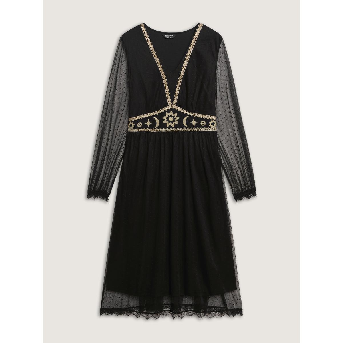 Plus Size Gold Embroidery Lace Trim Sheer Maxi Dress Black Women Timeless V-neck Long Sleeve Curvy BloomChic 22-24/3X Product Image