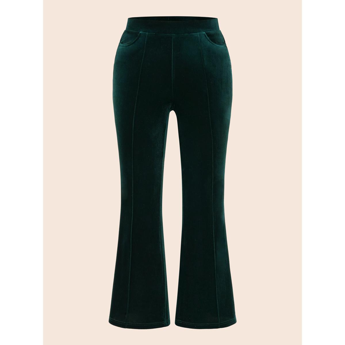 Plus Size Velvet Mid Rise Flared Pants Women DarkGreen Elegant Bootcut Mid Rise Everyday Pants BloomChic 22-24/3X Product Image