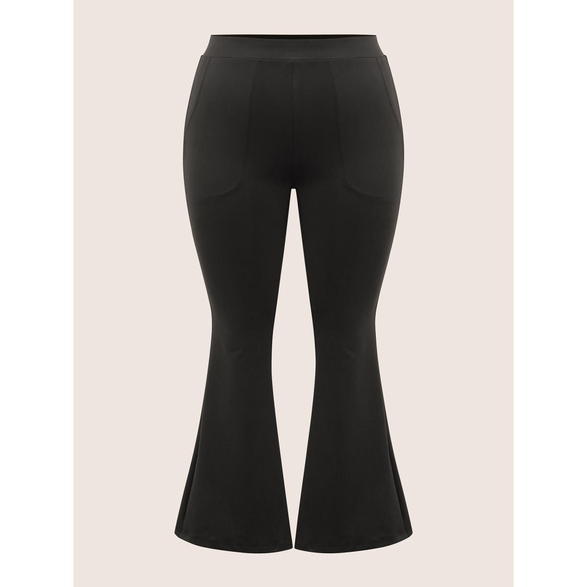 Plus Size Plain Elastic Waist High Rise Flare Leg Pants Women Black Elegant Flare Leg High Rise Everyday Pants BloomChic 10/M Product Image