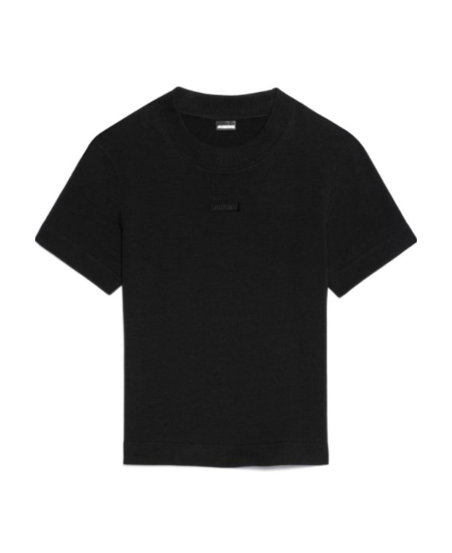 JACQUEMUS Black Fitted T-shirt With Logo Patch In Stretch Cotton Woman Product Image