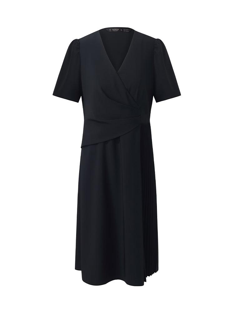 V-Neck Patchwork Pleated Women Mini Dress Product Image