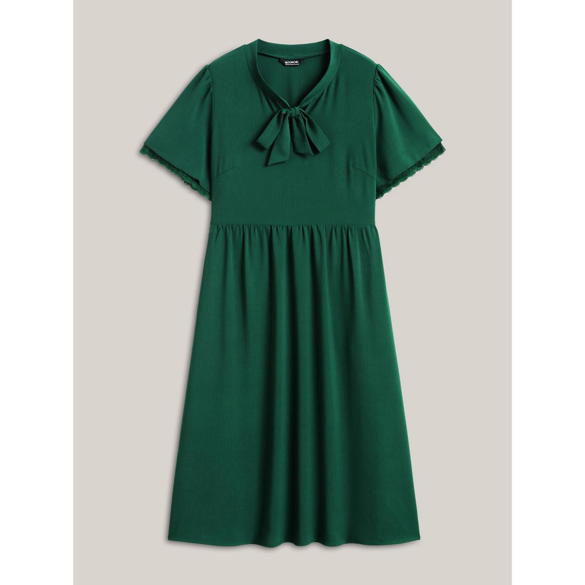 Plus Size Ribbon Neck Flared Sleeve Midi Dress DarkGreen Women Ribbon-tied collar Short sleeve Curvy BloomChic 10/M Product Image