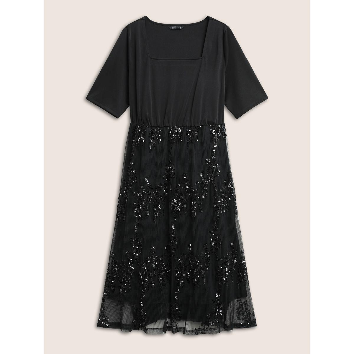 Plus Size Sequin Mesh Patchwork Square Neck Elastic Waist Dress Black Women Cocktail Sequin Square Neck Half Sleeve Curvy Midi Dress BloomChic 18-20/2X Product Image