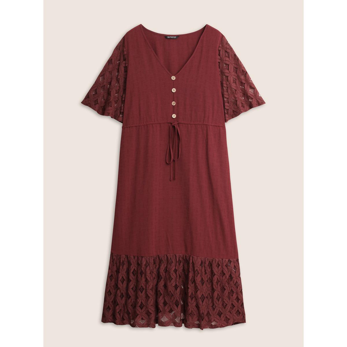 Plus Size Crochet Lace Mesh Button Detail Drawstring Dress Burgundy Women Resort Tie knot V-neck Half Sleeve Curvy Midi Dress BloomChic 18-20/2X Product Image