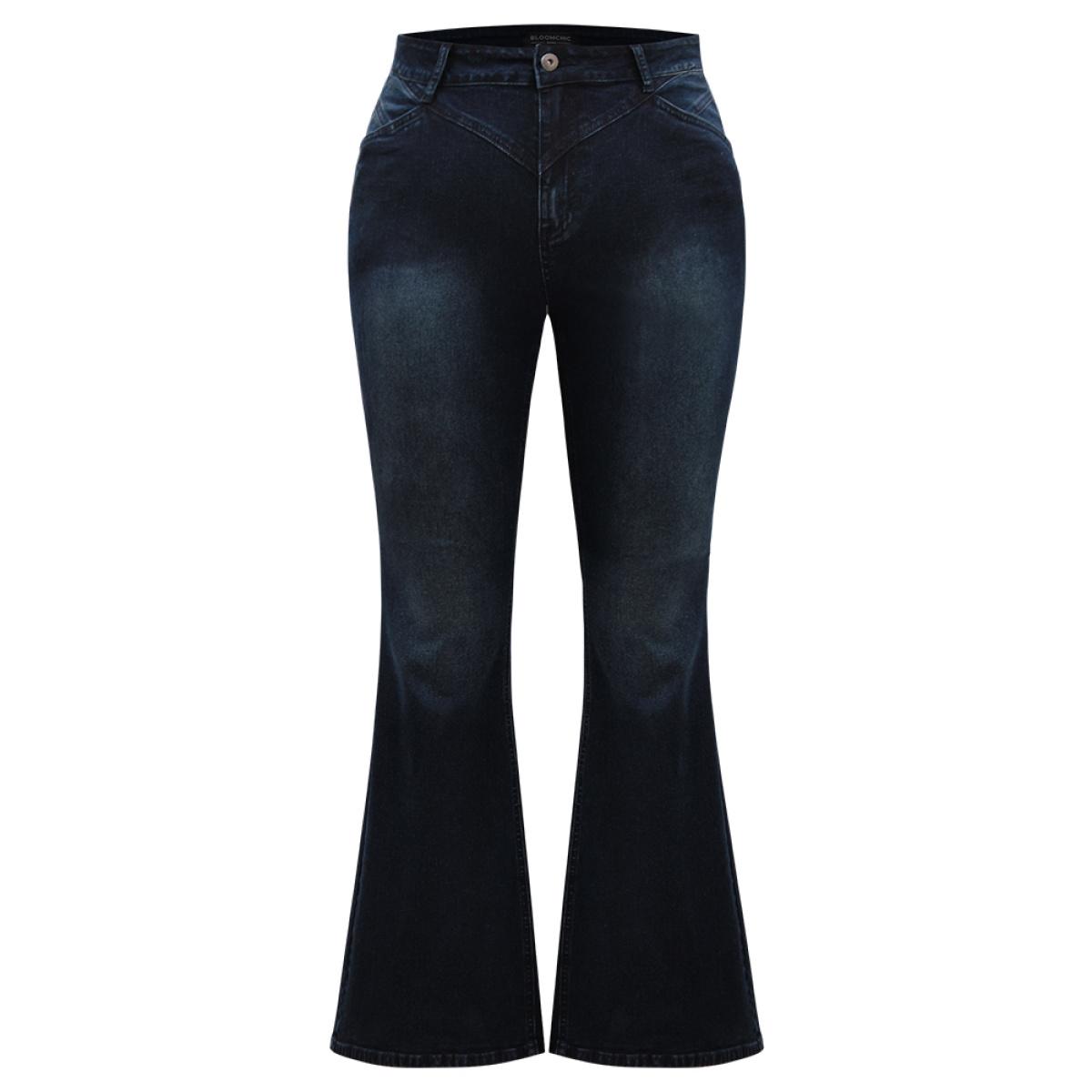 Plus Size Flare Leg Very Stretchy Pleated Patchwork Jeans Women Midnight Casual Plain Plain High stretch Pocket Jeans BloomChic 24/3X Product Image