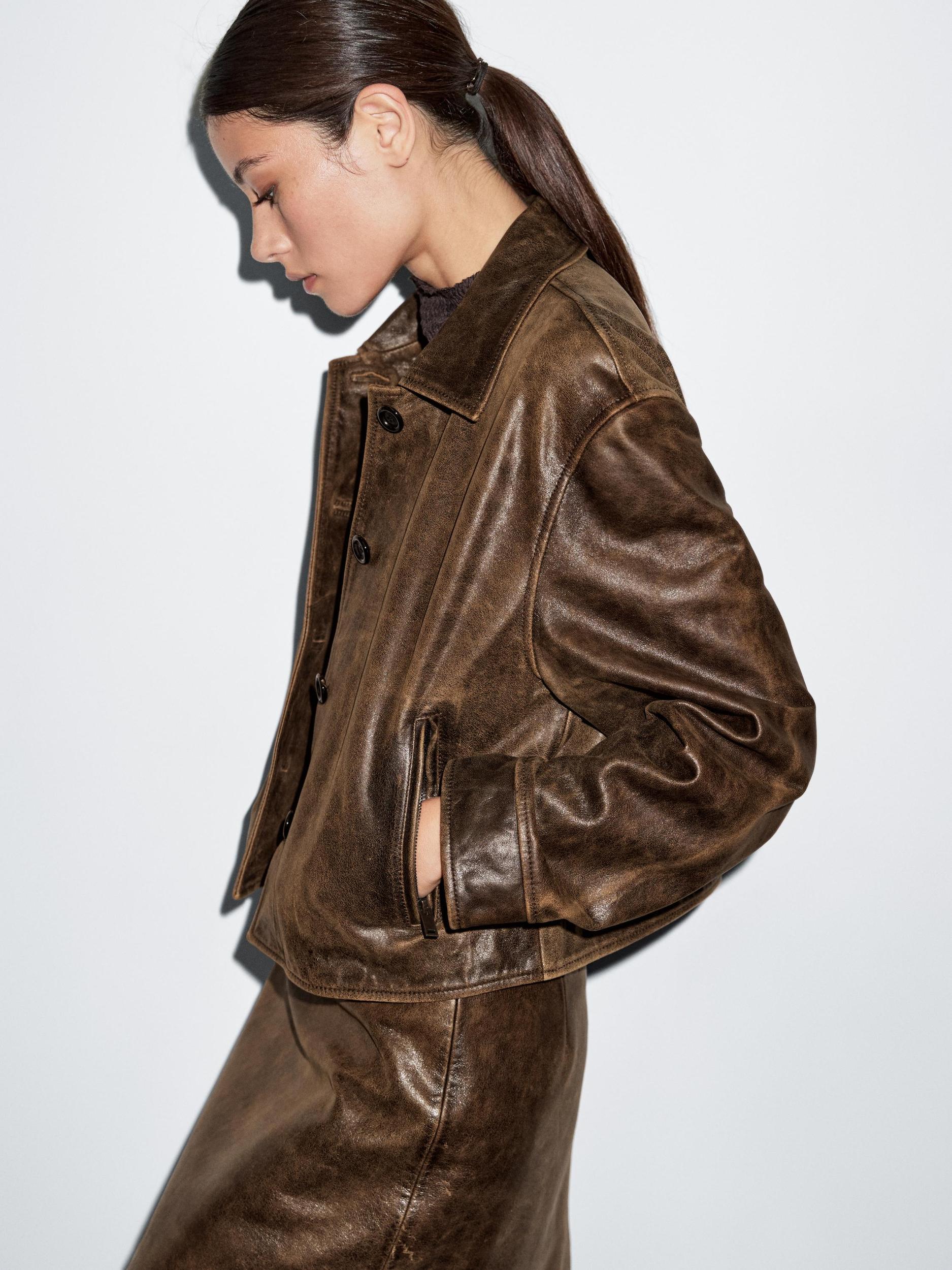 Distressed effect nappa leather cropped jacket Product Image