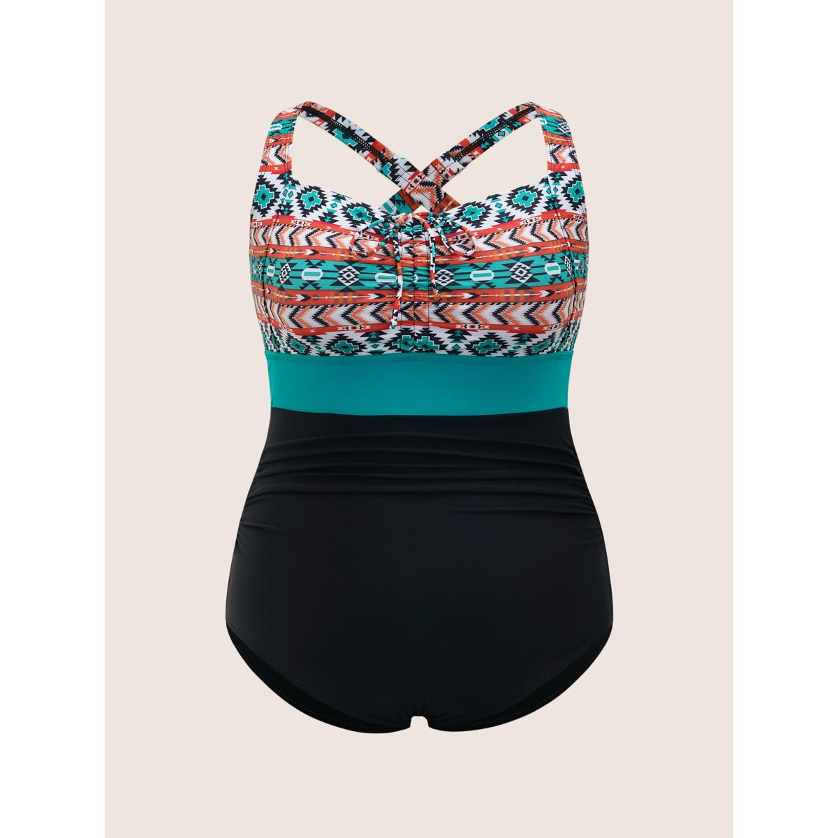 Plus Size Heart Neckline Bandana Print Contrast One Piece Swimsuit Women's Swimwear Black Beach Gathered Curve Bathing Suits High stretch One Pieces BloomChic 28/5X Product Image