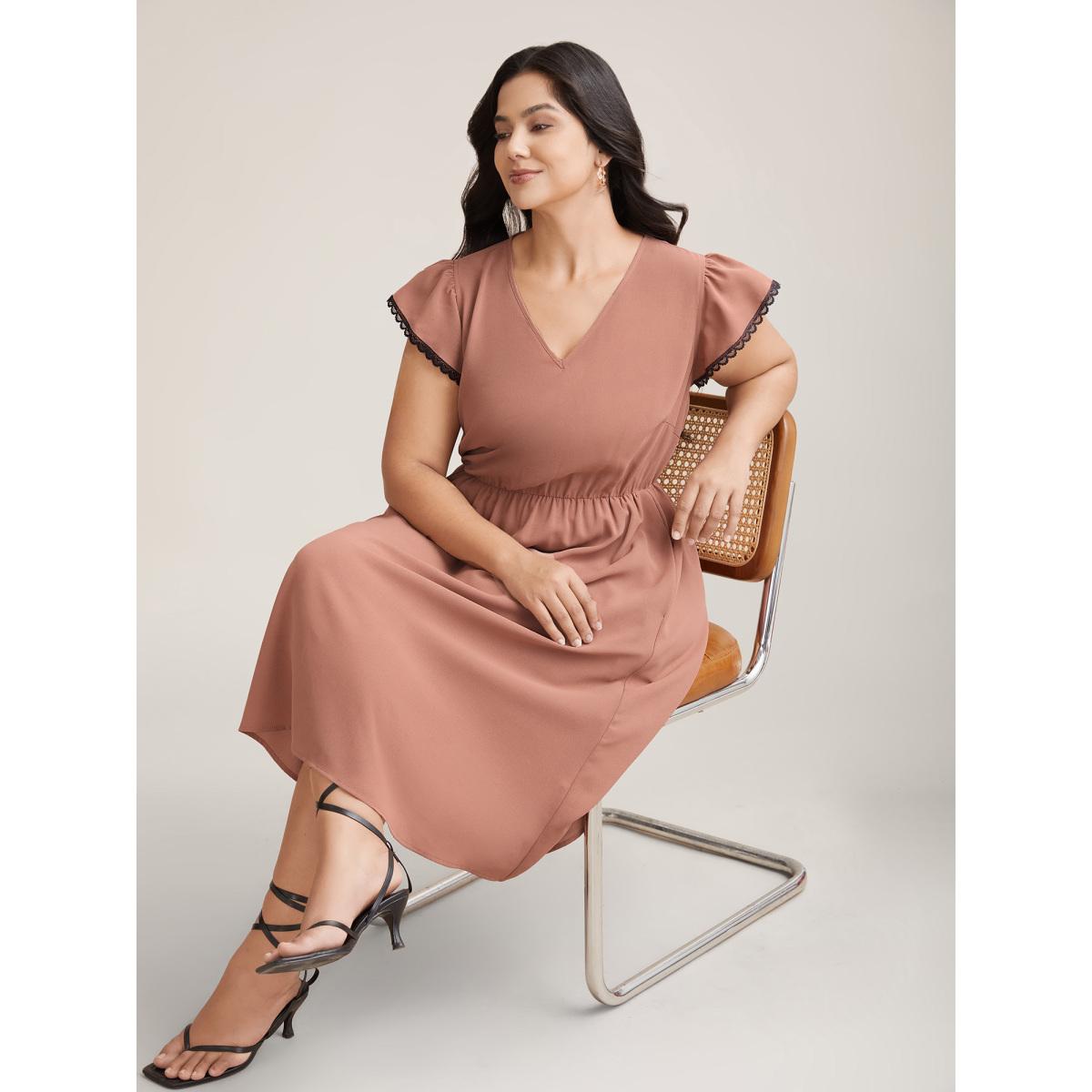 Plus Size Contrast Lace Flutter Sleeve Breezy Midi Dress Rouge Women At the Office Woven ribbon&lace trim V-neck Cap Sleeve Curvy BloomChic 30/6X Product Image