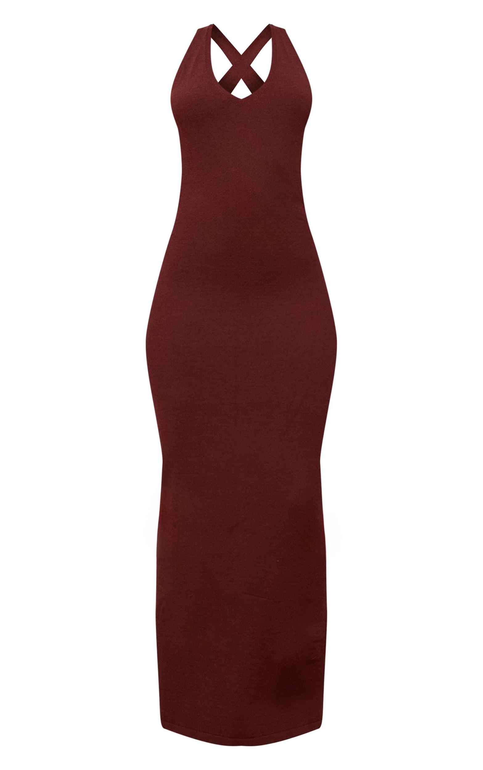 Petite Chocolate Knit Open Back Cross Over Maxi Dress Product Image