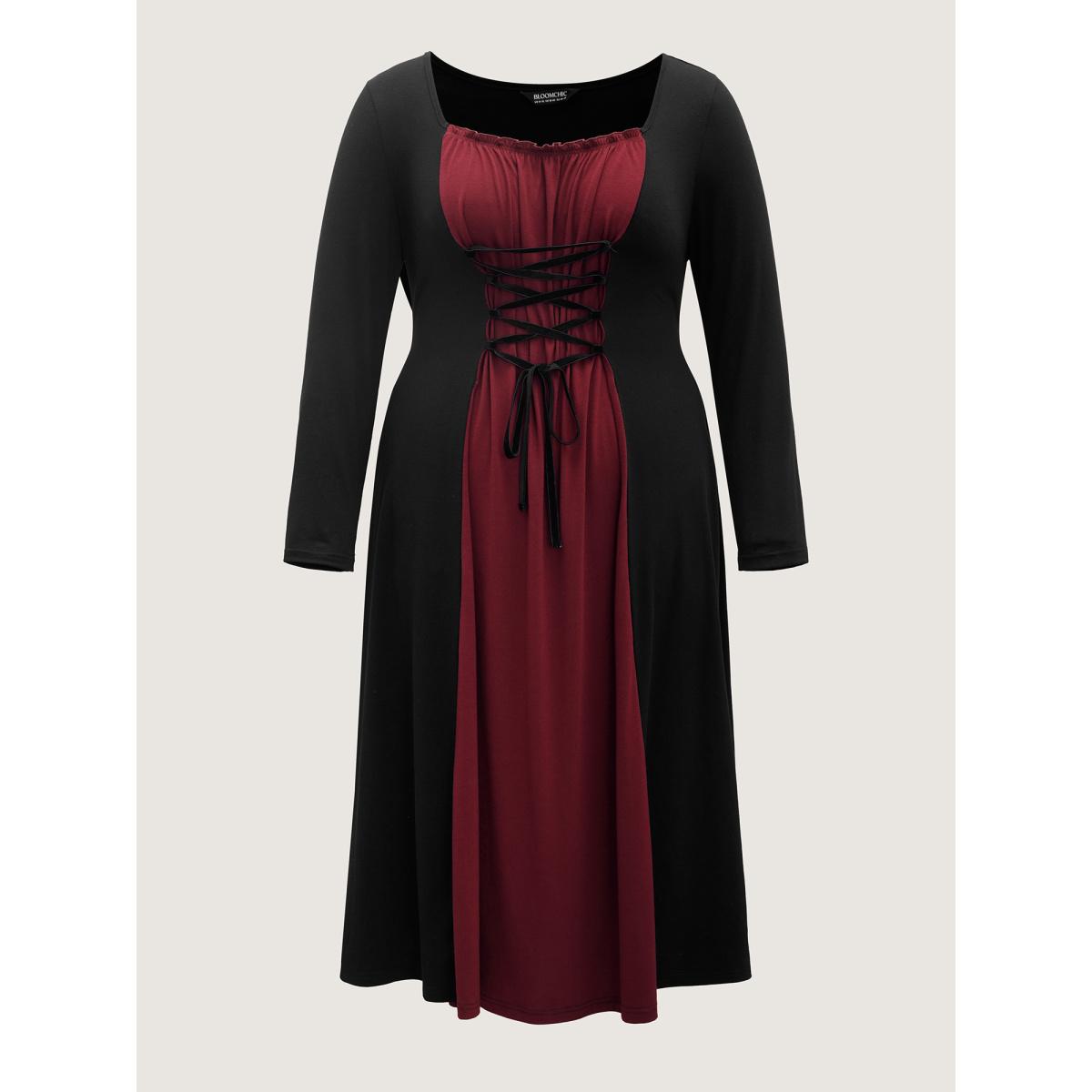 Plus Size Stretchy Knit Adjustable Tie Frill Trim Midi Dress Black Women Timeless Wraparound straps Party Curvy Bloomchic 18-20/2X Product Image