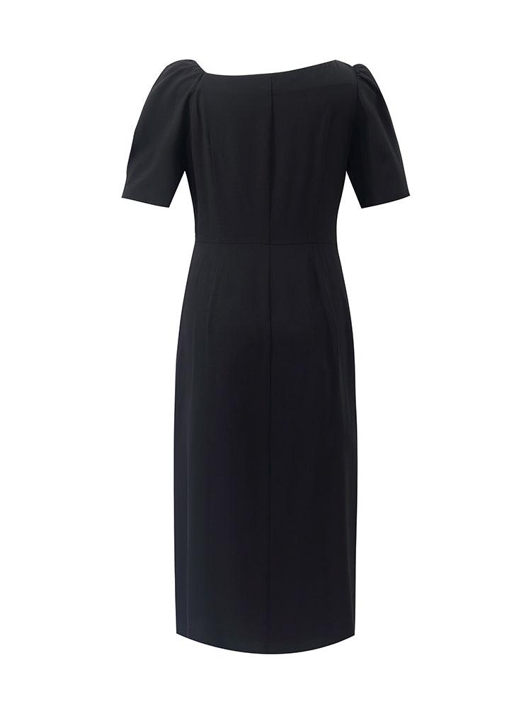 Acetate Asymmetric Neck Slit Twist Waist Women Midi Dress Product Image