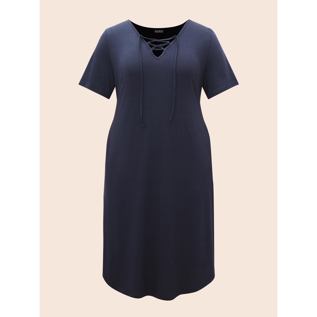 Plus Size Solid Lace Up Pocket Midi Dress Indigo Women Casual Wraparound straps V-neck Short sleeve Curvy BloomChic 12/L Product Image