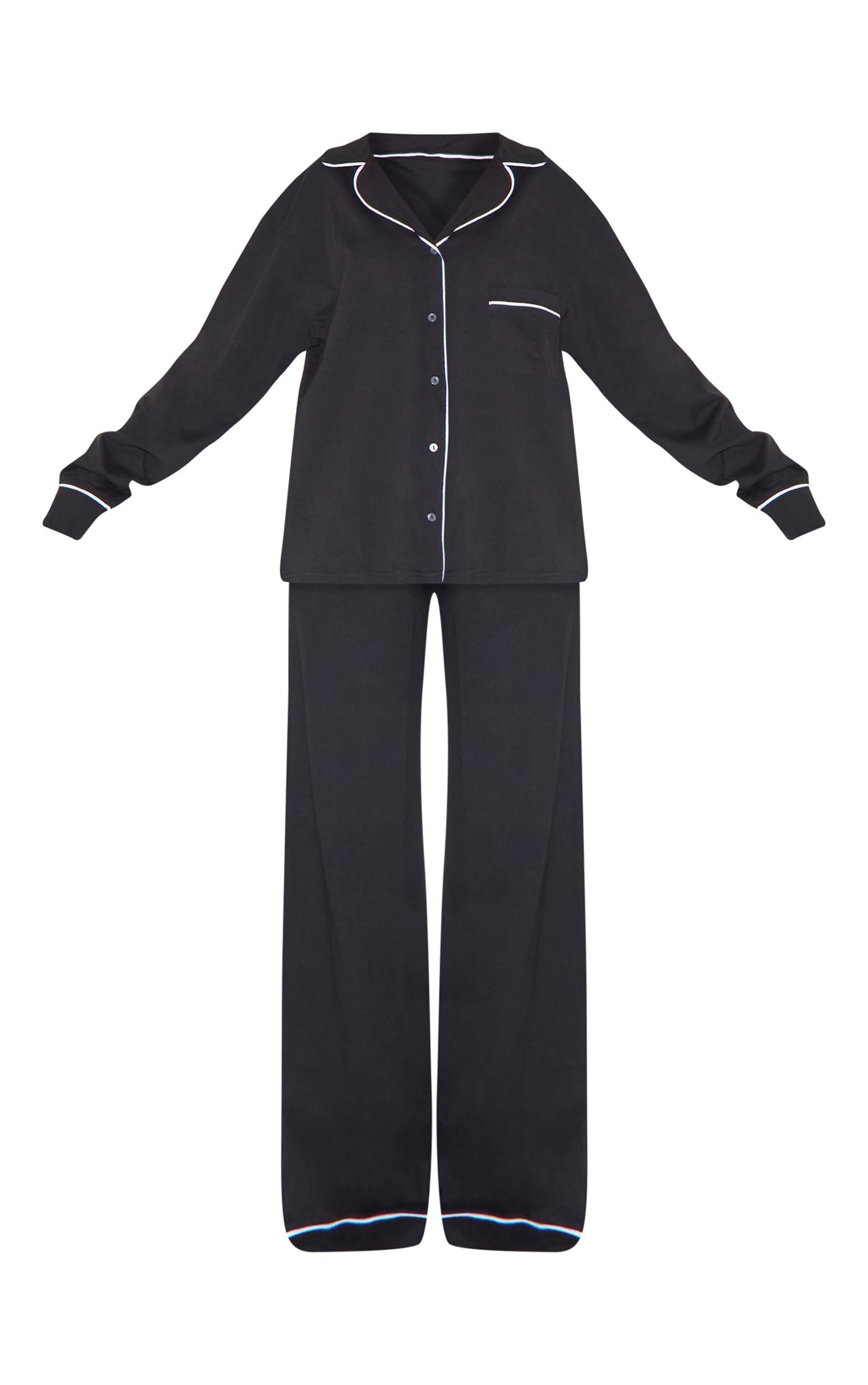 Black Oversized Jersey Piping Detail Long PJ Set Product Image