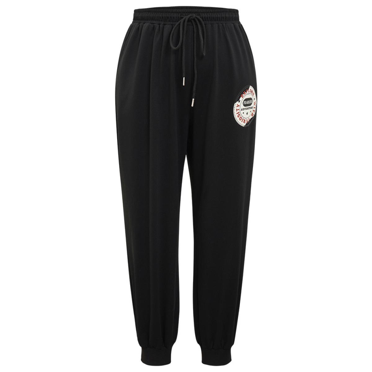 Plain Drawstring Patched Detail Pocket Sweatpants Black Plus Size Women Casual Dailywear Printed 12/L Bloomchic Product Image