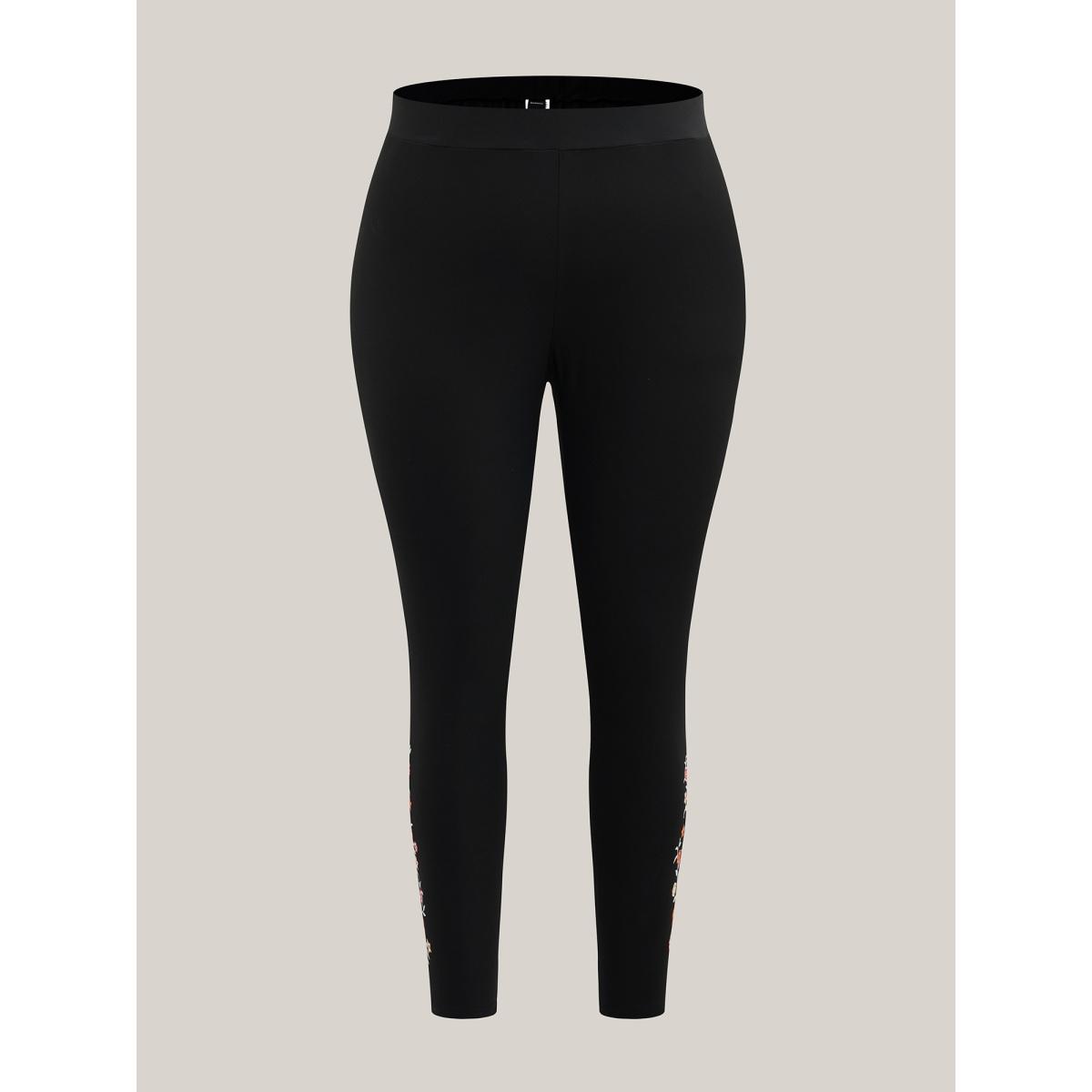 Plus Size Floral Detail Mid-Rise Leggings Women Black Elegant High stretch Skinny Mid Rise Everyday Leggings BloomChic 14-16/1X Product Image