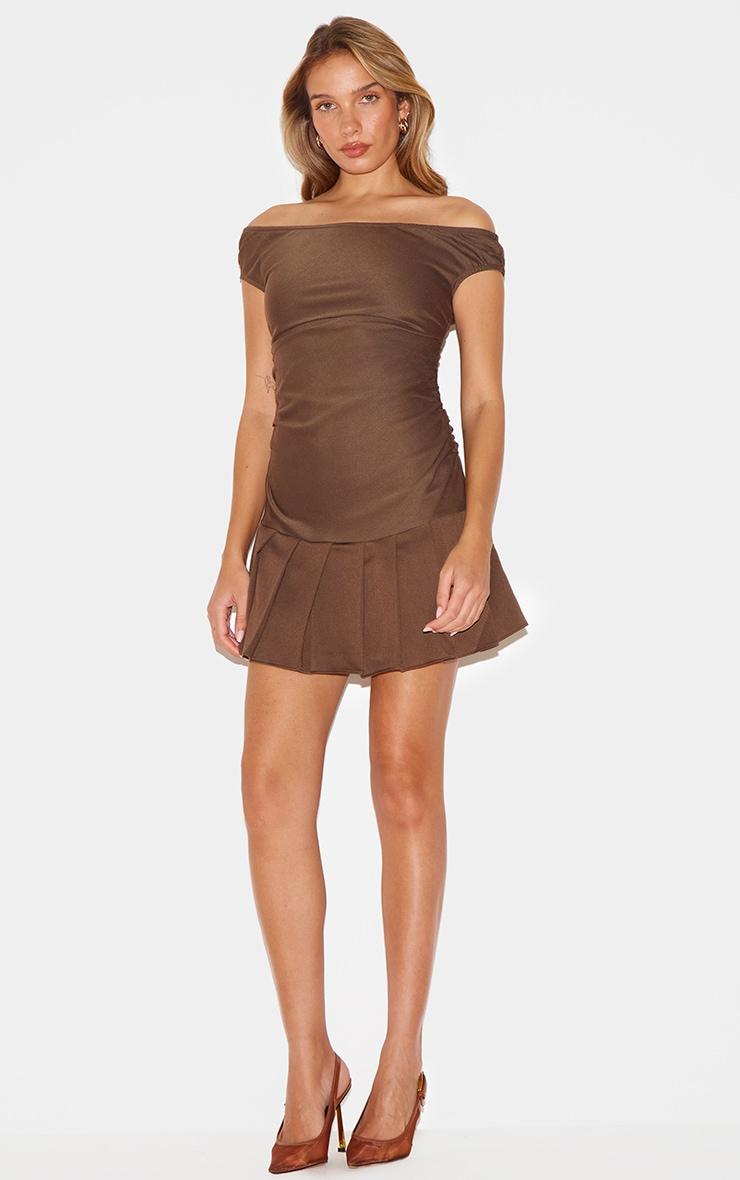 Chocolate Bardot Ruched Detail Pleated Shift Dress Product Image