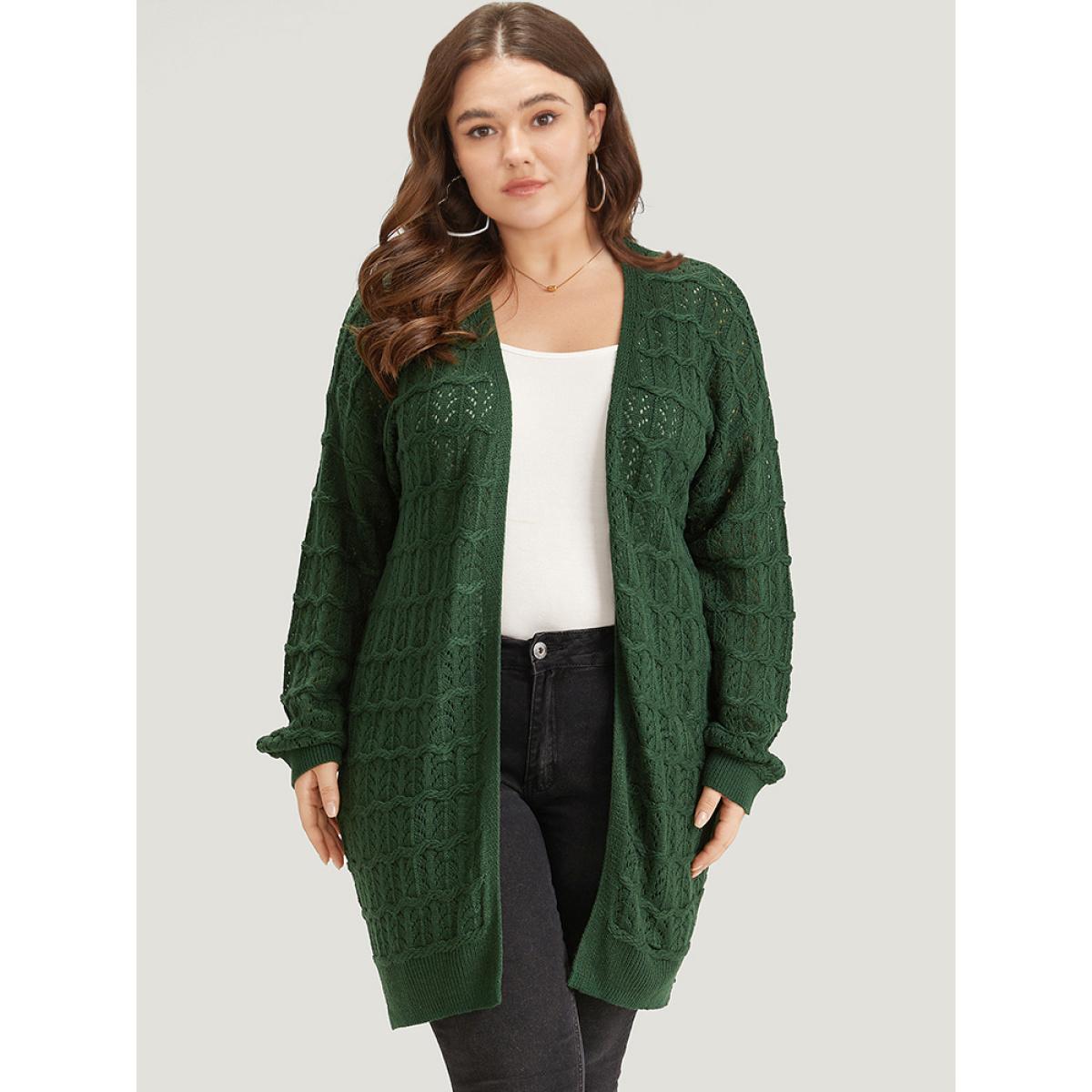 Plus Size Plain Geometric Eyelet Cable Knit Tunic Cardigan DarkGreen Women Casual Loose Long Sleeve Everyday Cardigans BloomChic 12/L Product Image