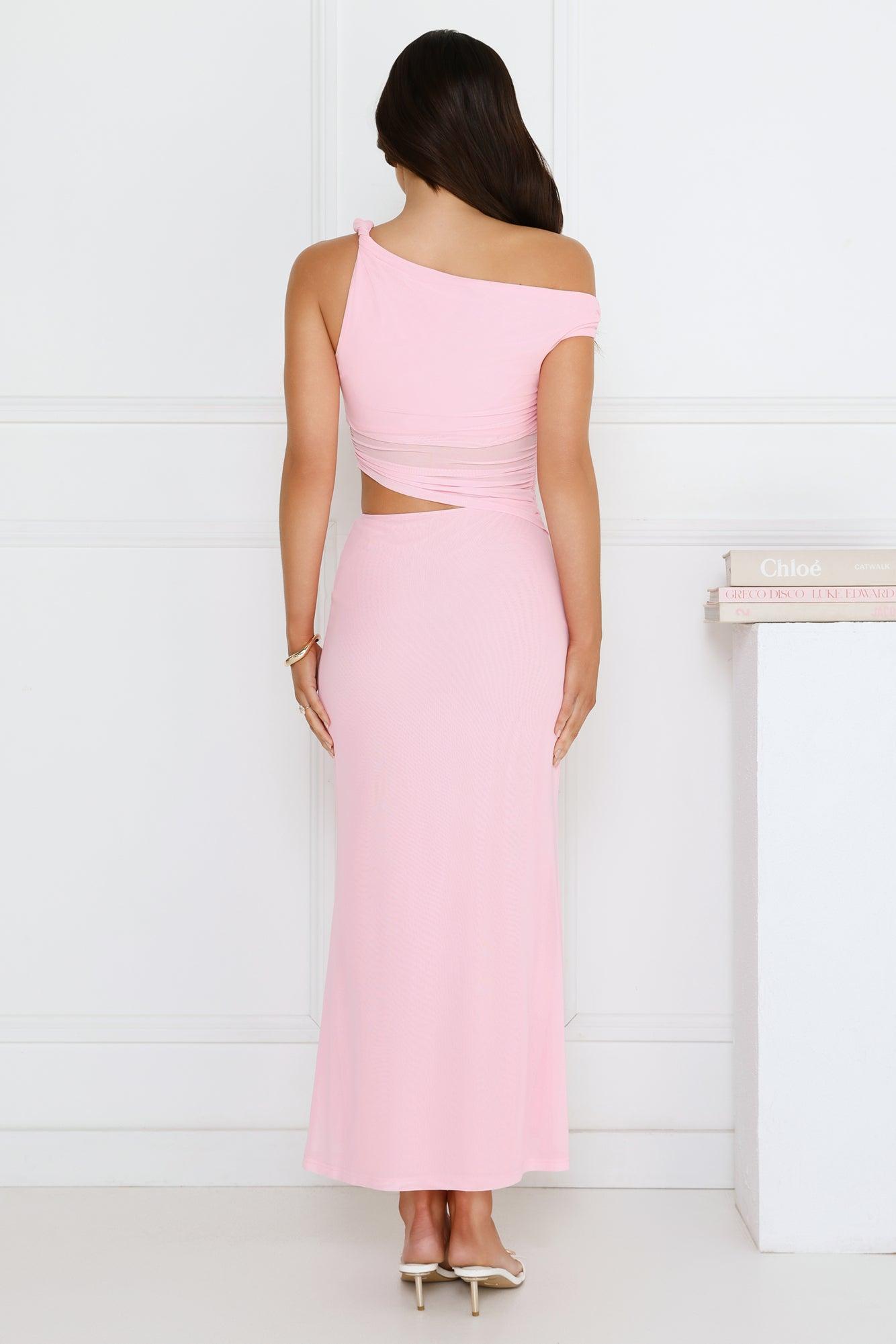 Shimmering Edge Off Shoulder Mesh Maxi Dress Pink Product Image
