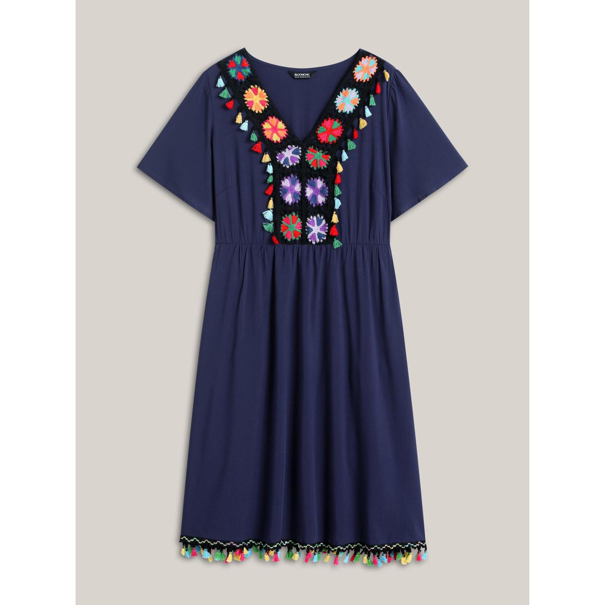 Plus Size Rayon Colorful Tassels Stretchy Waist Midi Dress Navy Women V-neck Short sleeve Curvy BloomChic 14-16/1X Product Image