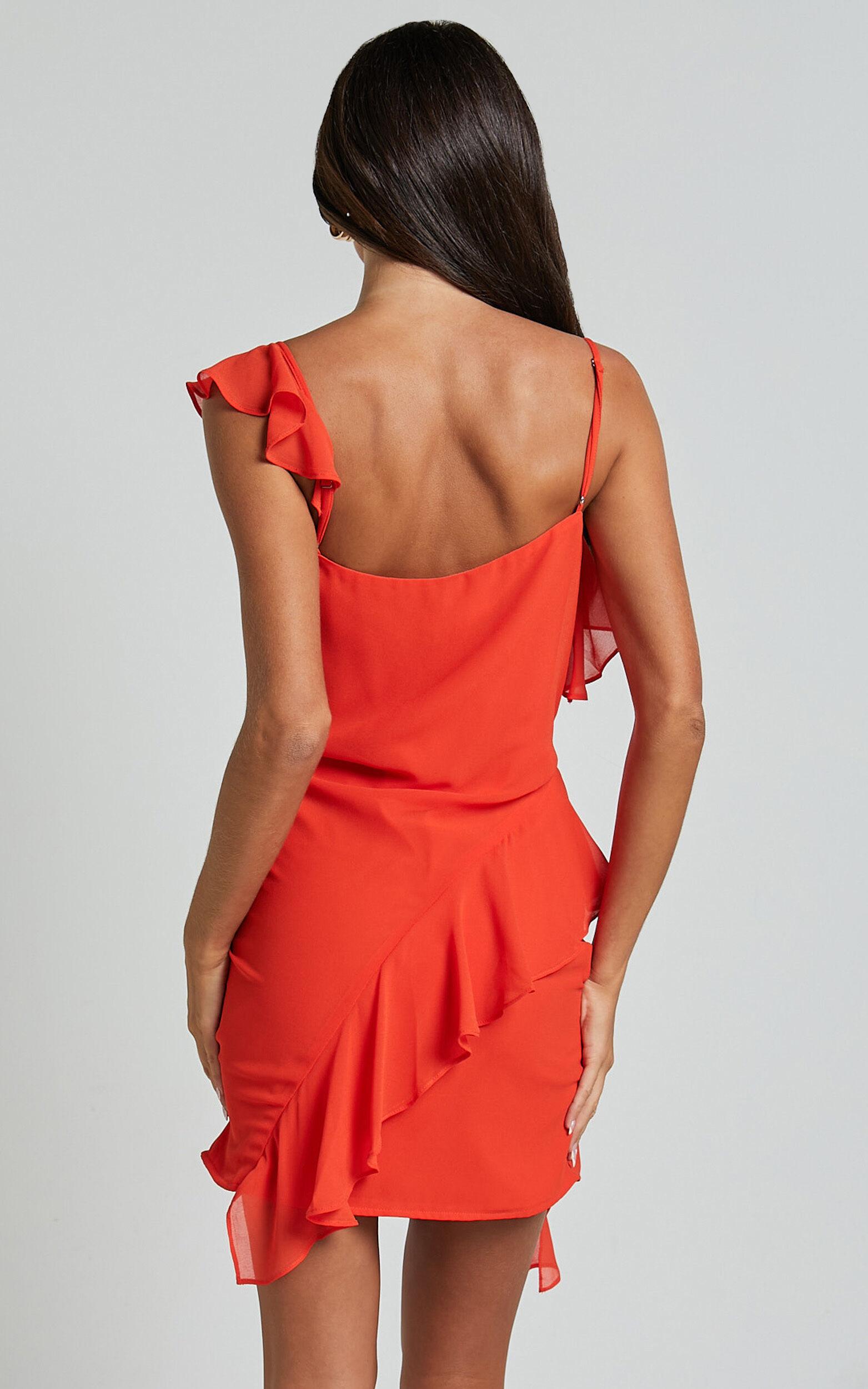 Zaria Mini Dress - Asymmetric Frill Detail Mini Dress in Chili Product Image